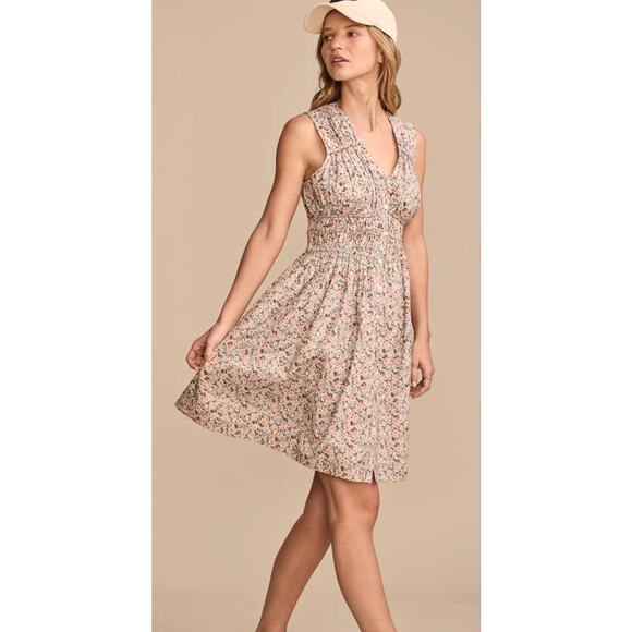 Lucky Brand Broomstick Button Front V NEck Mini Dress Floral Romantic Casual M - Picture 1 of 12